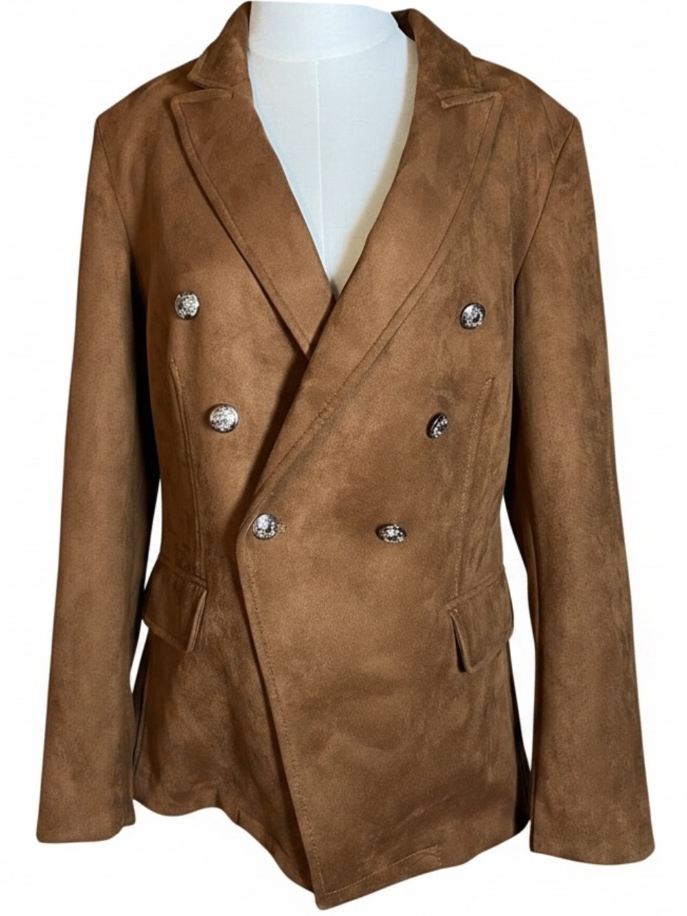 WHBM Studio Blazer Brown Faux Suede Double Breasted Size 12 Equestrian Preppy